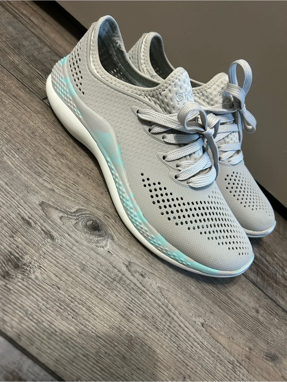 grey and marbled aqua Crocs LiteRide 360 Pacer sneakers